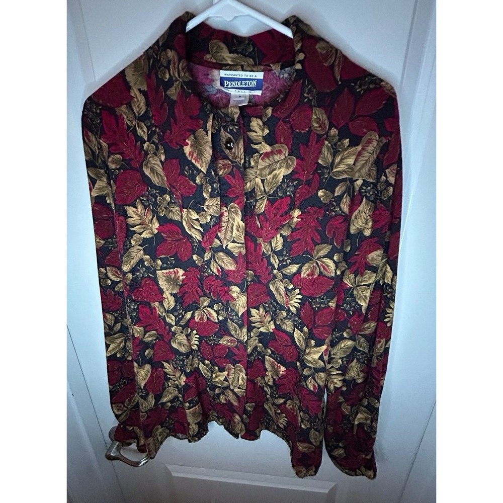 Vintage Pendleton 100% Rayon Autumn Fall Leaves AOP Burgundy Shirt Womens Small
